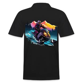 Schneemobilfahren in einer schneebedeckten Bergkulisse - Männer Poloshirt - Schwarz - Hinten - Kai (181cm)