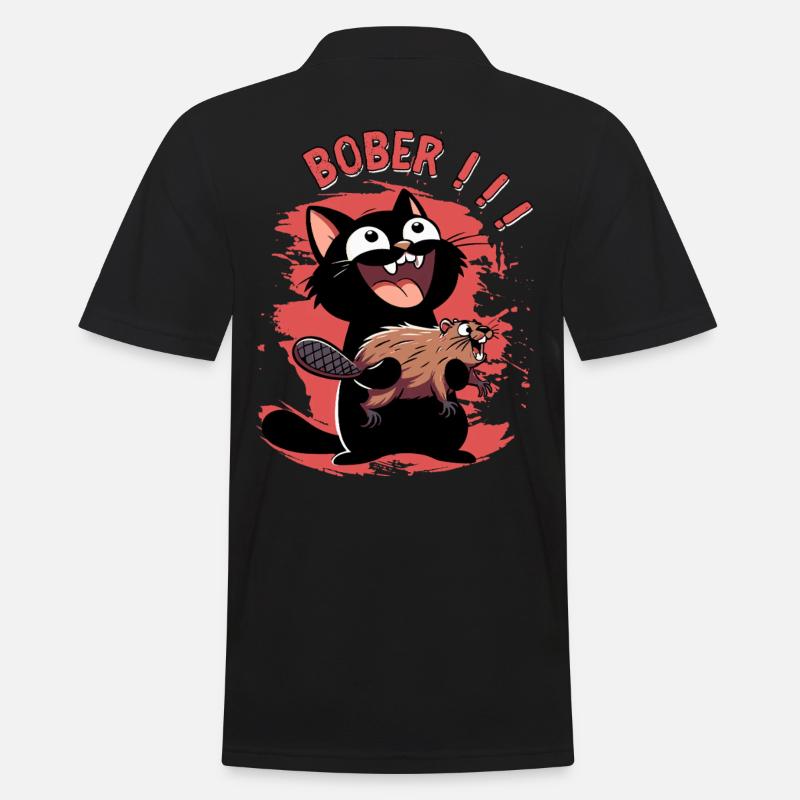 Hyper-Katze ruft „Bober!!!“ – Tierischer Ausraster - Männer Poloshirt - Schwarz