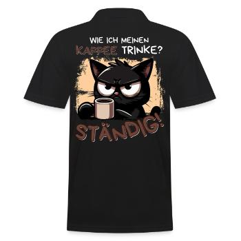 Kaffee. Ständig. Schwarze Katze mit Koffeinblick - Männer Poloshirt - Schwarz - Hinten - Kai (181cm)