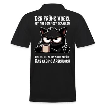 Kaffee, Genervtheit, Katze – Mehr Sarkasmus bitte - Männer Poloshirt - Schwarz - Hinten - Kai (181cm)