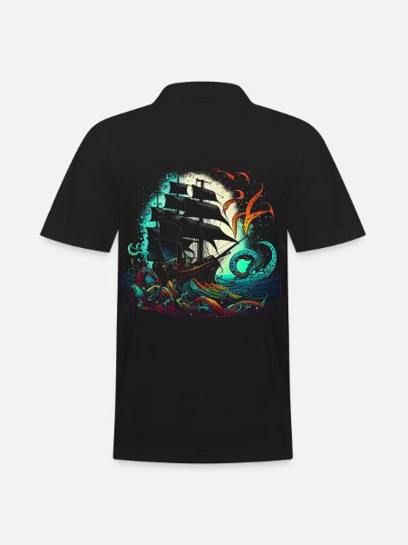 Bateau pirate rétro avec une pieuvre colorée - Polo Homme - noir