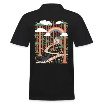 Cottagecore Rainbow House in the Woods with Cat - Men's Polo Shirt - black - Back - Kai (181cm)