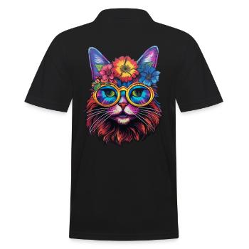 Katze Hippie 60s 70s - Männer Poloshirt - Schwarz - Hinten - Kai (181cm)