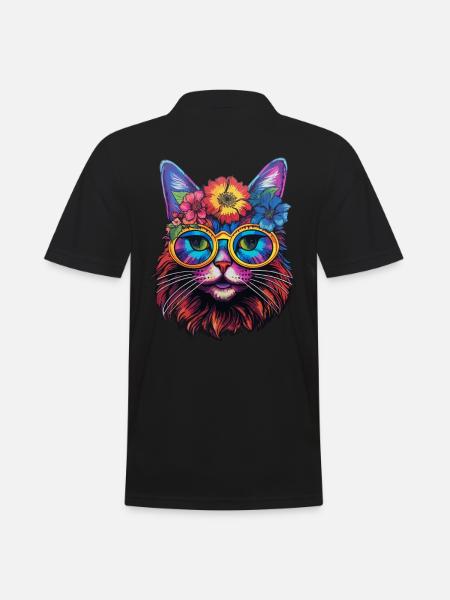 Chat Hippie 60s 70s - Polo Homme - noir