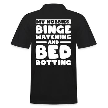 Faulheit, lustig, Meine Hobbys, Binge, Wachting und Bett - Männer Poloshirt - Schwarz - Hinten - Kai (181cm)