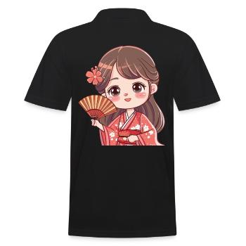 Süße Kirschblüten Kimono Figur - Männer Poloshirt - Schwarz - Hinten - Kai (181cm)