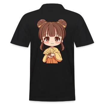 Cute Anime Girl With Fan - Men's Polo Shirt - black - Back - Kai (181cm)