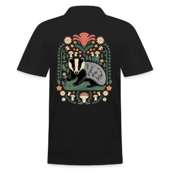 Cottagecore badger motif with flowers and mushrooms - Men's Polo Shirt - black - Back - Kai (181cm)