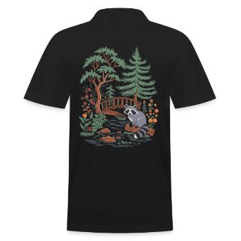 Cottagecore Waldlandschaft mit Waschbär und Brücke - Männer Poloshirt - Schwarz - Hinten - Kai (181cm)