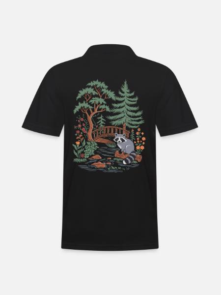 Cottagecore Waldlandschaft mit Waschbär und Brücke - Männer Poloshirt - Schwarz
