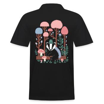 Cottagecore Waldlandschaft mit Dachs und Pilzen - Männer Poloshirt - Schwarz - Hinten - Kai (181cm)