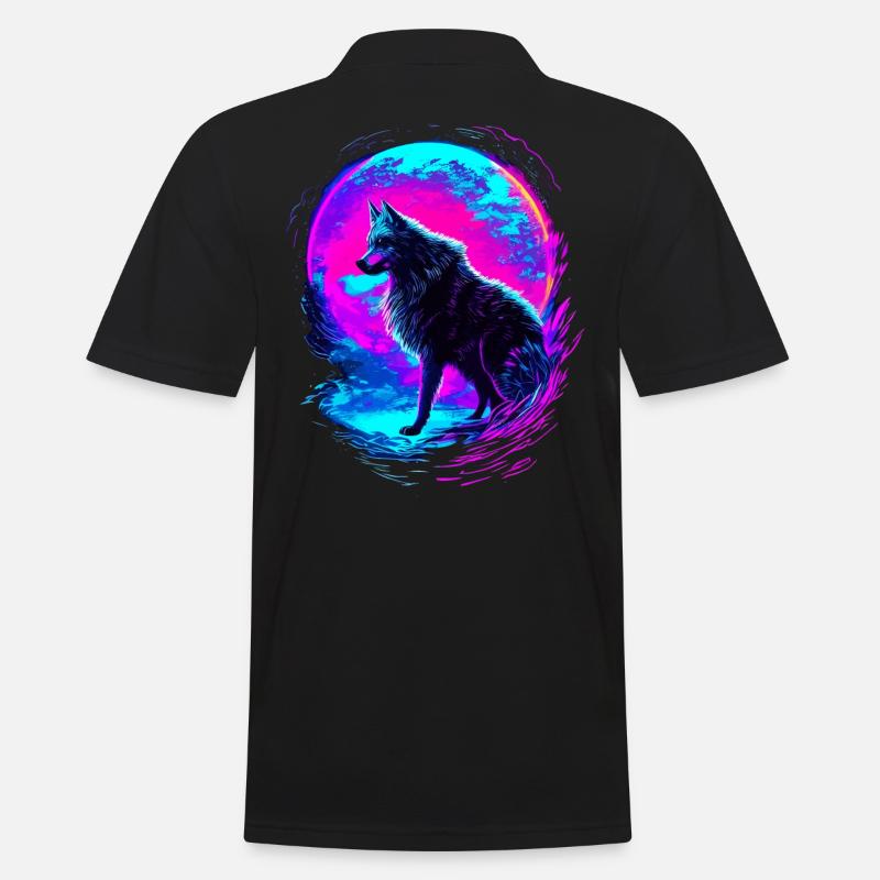 Wolf Neon Moon Synthwave - Männer Poloshirt - Schwarz