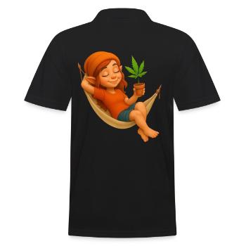 Zwergin in Hängematte mit Cannabispflanze - Männer Poloshirt - Schwarz - Hinten - Kai (181cm)