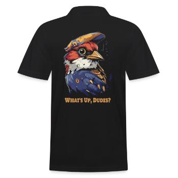 Cooler Vogel mit Style: Was geht ab, Jungs? - Männer Poloshirt - Schwarz - Hinten - Kai (181cm)