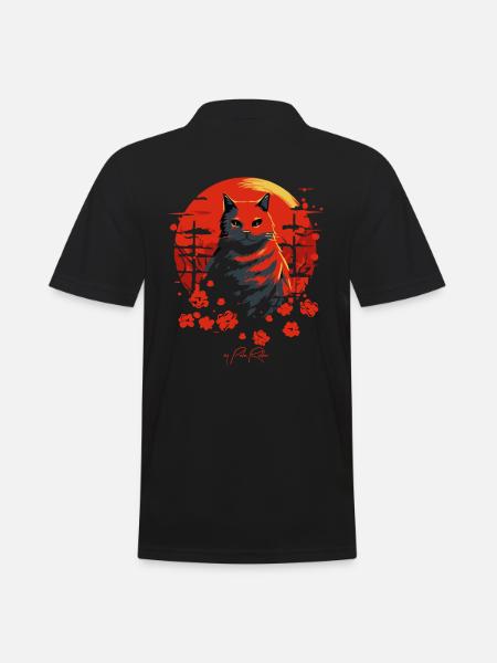Japanese flowers and a cat - Men's Polo Shirt - black