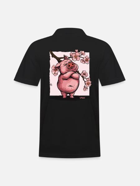 Offended Japanese Sakura Flowers Pig - Men's Polo Shirt - black