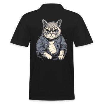 Elderly, intelligent granny or grandpa cat with glasses - Men's Polo Shirt - black - Back - Kai (181cm)