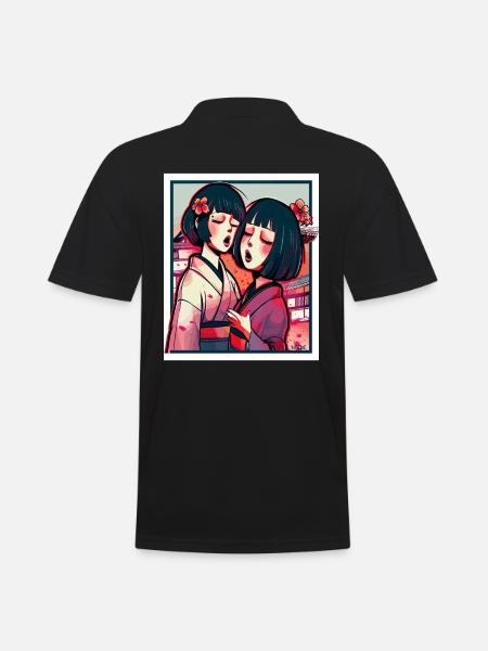 Zwei japanische Anime-Mädchen im Kimono - Männer Poloshirt - Schwarz