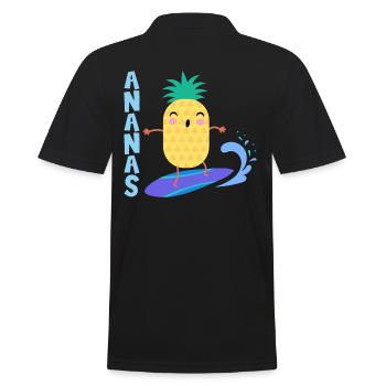 pineapple riding waves on a surfboard, - Men's Polo Shirt - black - Back - Kai (181cm)