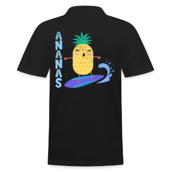 pineapple riding waves on a surfboard, - Men's Polo Shirt - black - Back - Kai (181cm)