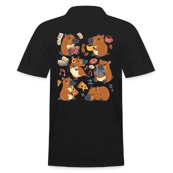 Capybara: Pizza, Kaffee, Donut, Musik, Buch lesen - Männer Poloshirt - Schwarz - Hinten - Kai (181cm)