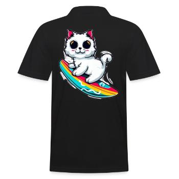 White cat on colorful surfboard - Men's Polo Shirt - black - Back - Kai (181cm)