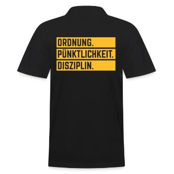 Ordnung Pünktlichkeit Disziplin Deutsche Tugend 1C - Männer Poloshirt - Schwarz - Hinten - Kai (181cm)