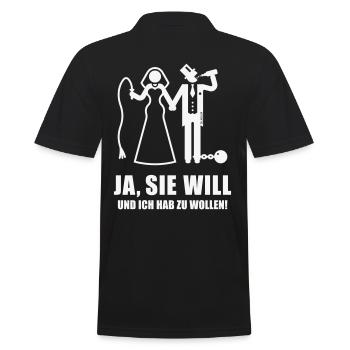 Ja, Sie Will … (Bräutigam, Junggesellenabschied W) - Männer Poloshirt - Schwarz - Hinten - Kai (181cm)