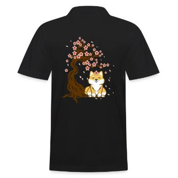 Shiba Inu under cherry blossom tree Kawaii Chibi - Men's Polo Shirt - black - Back - Kai (181cm)
