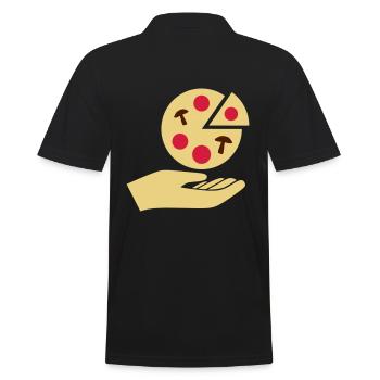 Hand überreicht Pizza mit Salami und Pilzen - Männer Poloshirt - Schwarz - Hinten - Kai (181cm)