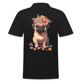 Mops mit Blumen - Männer Poloshirt - Schwarz - Hinten - Kai (181cm)