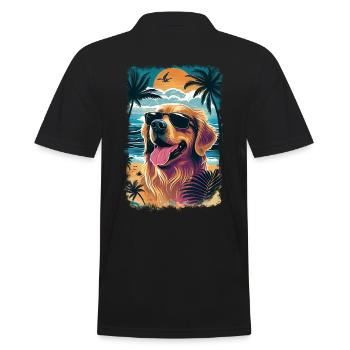 Golden Retriever mit Sonnenbrille am Strand - Männer Poloshirt - Schwarz - Hinten - Kai (181cm)