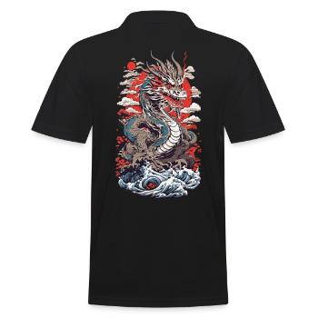 Japanese Dragon Ukiyo-E Style with Kanagawa Wave - Men's Polo Shirt - black - Back - Kai (181cm)