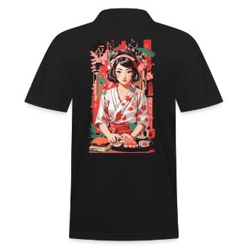 Kawaii Sushi Anime Mädchen Retro Ukiyo-E Stil - Männer Poloshirt - Schwarz - Hinten - Kai (181cm)