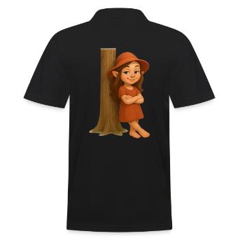 Zwergin lässig am Baum lehnend - Männer Poloshirt - Schwarz - Hinten - Kai (181cm)