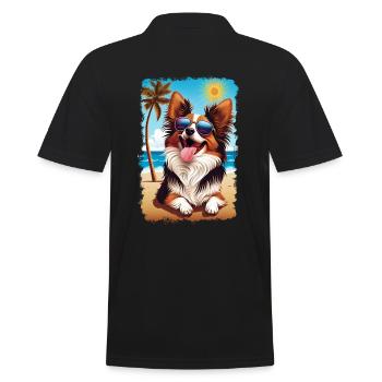 Papillon Hund am Strand mit Sonnenbrille - Männer Poloshirt - Schwarz - Hinten - Kai (181cm)
