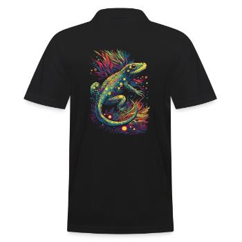 Coole trippy Eidechse/Echse mit bunten Pflanzen - Männer Poloshirt - Schwarz - Hinten - Kai (181cm)