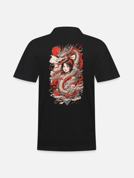 Drachen Anime Girl Retro Ukiyo-e Style - Männer Poloshirt - Schwarz