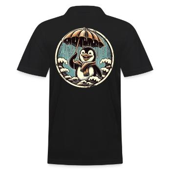 Fröhlicher Pinguin bei Regen mit Regenschirm - Männer Poloshirt - Schwarz - Hinten - Kai (181cm)