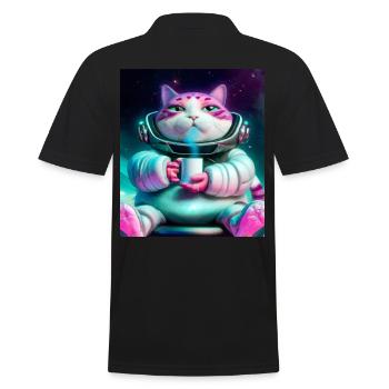 Big cat drinks tea in space - Men's Polo Shirt - black - Back - Kai (181cm)