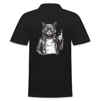 Coole Katze mit Bier, Lederjacke und Sonnenbrille - Männer Poloshirt - Schwarz - Hinten - Kai (181cm)