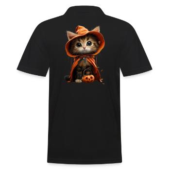 Cute Witch Kitten - Halloween Pumpkin Look - Men's Polo Shirt - black - Back - Kai (181cm)