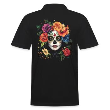 Bunte La Catrina mit Rosen und Blumen - Männer Poloshirt - Schwarz - Hinten - Kai (181cm)