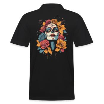 La Catrina mit roten und gelben Blumen - Männer Poloshirt - Schwarz - Hinten - Kai (181cm)