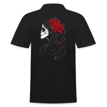 La Catrina Seitenansicht mit roten Rosen - Männer Poloshirt - Schwarz - Hinten - Kai (181cm)