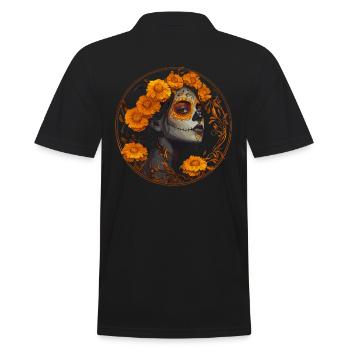 Gelbes Catrina-Schädel-Design - Dia de los Muertos - Männer Poloshirt - Schwarz - Hinten - Kai (181cm)