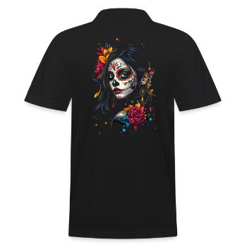 Colorful Catrina Art for Dia de los Muertos - Men's Polo Shirt - black - Back - Kai (181cm)