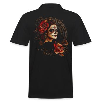 Vintage Catrina mit Rosen für Dia de los Muertos - Männer Poloshirt - Schwarz - Hinten - Kai (181cm)