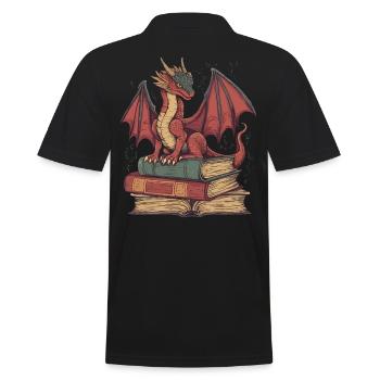 Roter Drache auf Büchern – Fantasie für Leser - Männer Poloshirt - Schwarz - Hinten - Kai (181cm)