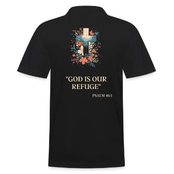 Kreuz mit Psalm 46:1: Gott ist unsere Zuflucht - Männer Poloshirt - Schwarz - Hinten - Kai (181cm)